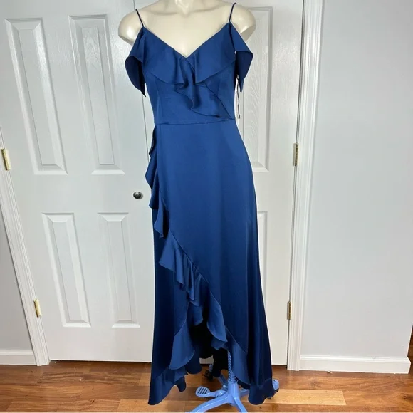 AIDAN MATTOX off the shoulder flounce GOWN navy BLUE wedding prom gown DRESS 6 - Picture 1 of 14